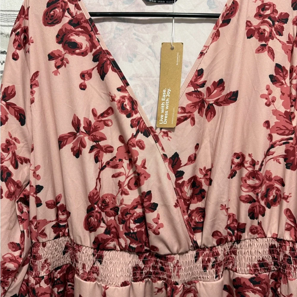 floral faux wrap, lantern sleeve, pockets, midi dress sz 18-20 - Picture 4 of 7